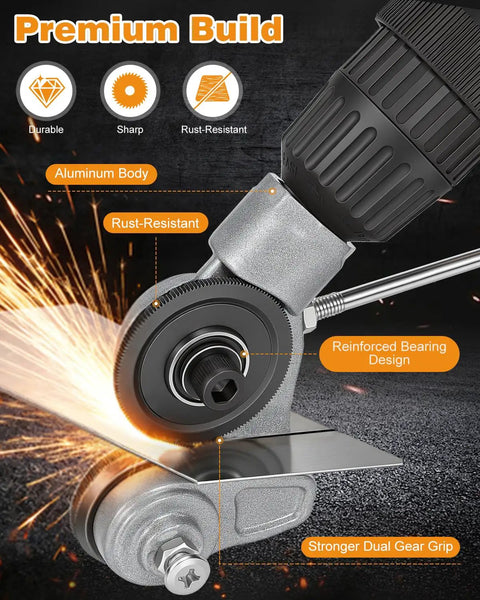 Upgraded Metal Cutter Drill Bit Attachment With Stabilizer Handle For Flat Sheet Iron Steel Copper Aluminum Nibbler Tool Heavy Duty, showing aluminum body and reinforced bearing.