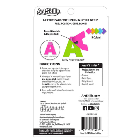 Back of packaging for Neon Poster Letters Set 4 Inch 190 Pieces A To Z, 0 To 9 And Symbols with directions and colors.