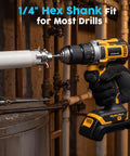 Close-up of a drill using 1/4" hex shank on a PVC pipe, demonstrating function for the 8 Piece Pvc Pipe Threading Kit With Broken Bolt Extractor Gloves.