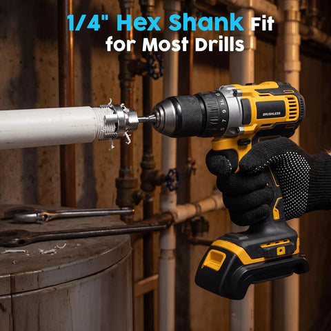 Close-up of a drill using 1/4" hex shank on a PVC pipe, demonstrating function for the 8 Piece Pvc Pipe Threading Kit With Broken Bolt Extractor Gloves.