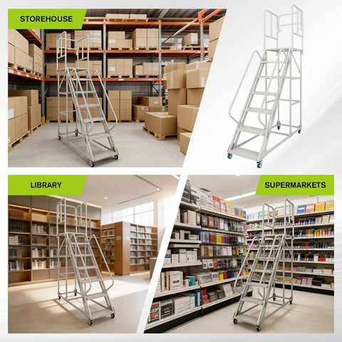 Pro Grade Seven Step Rolling Ladder With Full Handrails, Heavy Duty Steel Platform Cart For Garage Or Warehouse, Ironclad Workhorse Built Tough To Handle Fifteen Hundred Pounds Daily
