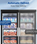 Heavy Duty Commercial Freezer Upright Two Door Glass Display Cold Storage 36 Cubic Feet Automatic Defrost with visible ice cream.
