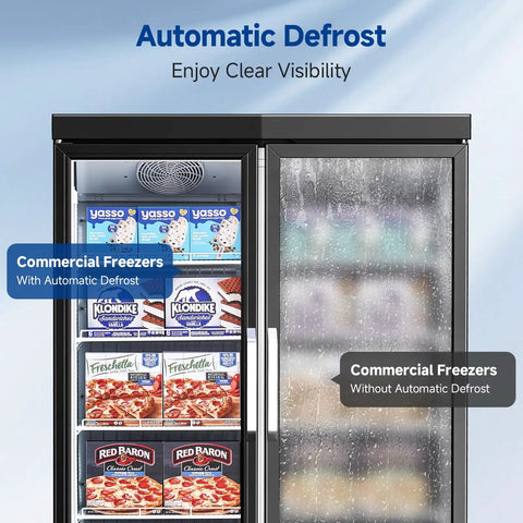 Heavy Duty Commercial Freezer Upright Two Door Glass Display Cold Storage 36 Cubic Feet Automatic Defrost with visible ice cream.