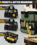 Heavy Duty Tool Bag 15 Inch With 16 Pocket Portable Tool Box Organizer For Big Capacity Storage Soft Handle Zipper Carrying Bag Perfect For Hammers Screwdrivers Drills And More Dad Gifts Green
