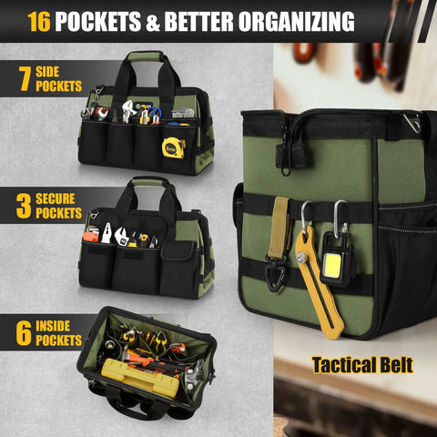 Heavy Duty Tool Bag 15 Inch With 16 Pocket Portable Tool Box Organizer For Big Capacity Storage Soft Handle Zipper Carrying Bag Perfect For Hammers Screwdrivers Drills And More Dad Gifts Green