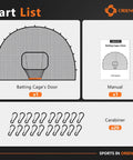 Part list of Batting Cage Door Net 9x13 Ft With Sock Style Baseball Net And 20 D Shape Carabiners For Pitching Machines