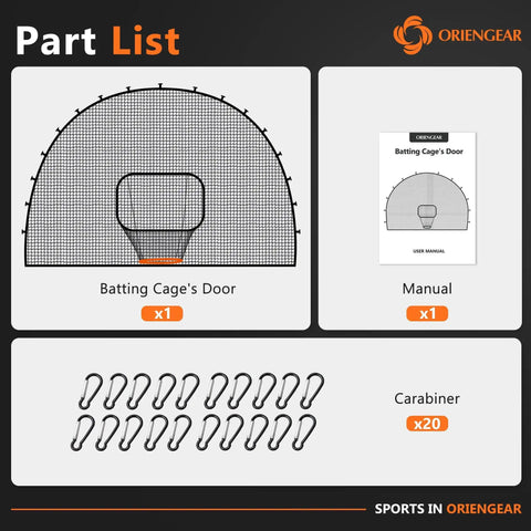 Part list of Batting Cage Door Net 9x13 Ft With Sock Style Baseball Net And 20 D Shape Carabiners For Pitching Machines