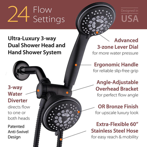 Handheld And Rain Shower Combo With 4 Inch Face High Pressure 24 Function Patterns Dual 2 In 1 Shower Head System Stainless Steel Hose