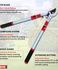 Extendable Bypass Lopper With Compound Action For Tree Pruning, 27 to 40 Inch Telescopic Reach, long-handled branch cutter details
