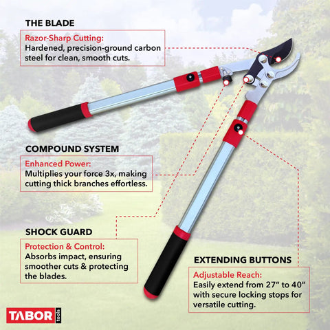 Extendable Bypass Lopper With Compound Action For Tree Pruning, 27 to 40 Inch Telescopic Reach, long-handled branch cutter details