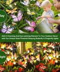 Day and night view of Solar Powered Butterfly Garden Stake Lights Two Pack Outdoor Decor with LEDs and rechargeable battery