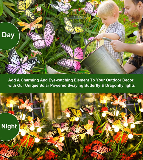 Day and night view of Solar Powered Butterfly Garden Stake Lights Two Pack Outdoor Decor with LEDs and rechargeable battery