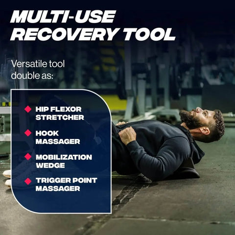 Man using Psoas Release Tool For Deep Tissue Relief And Hip Flexor Stretching, Targeted Trigger Point Massager For Soreness, Psoas And Hip Pain, Myofascial Release Device For Everyday Mobility And Recovery on gym floor.