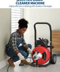 Heavy Duty 370W Drain Auger Featuring 100 Ft Bend Resistant Steel Core Cable With Foot Switch in use by a person.