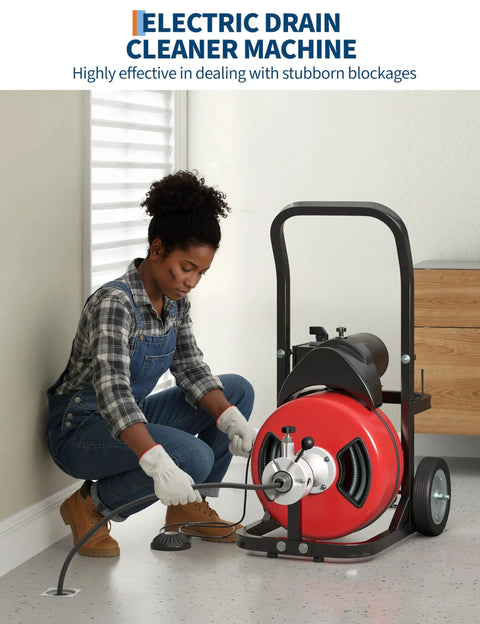 Heavy Duty 370W Drain Auger Featuring 100 Ft Bend Resistant Steel Core Cable With Foot Switch in use by a person.