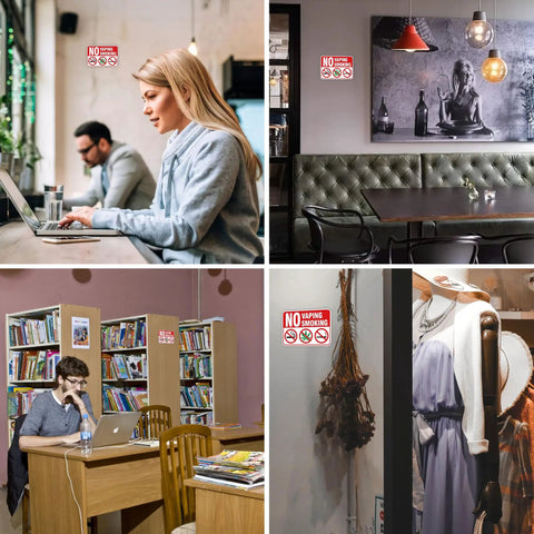 Keep The Spot Smoke Free With These Straight Up No Smoking Vaping Warning Signs Built Tough Weather Resistant Fade Proof For Indoor Outdoor Use Easy Mount Two Pack Deal displayed in various settings including a café, library, and shop.