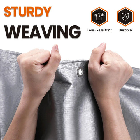 Hands holding Beefy All Weather Heavy Duty Waterproof Tarp 16 Mil Thick, 10x12 Feet with grommets, tear-resistant detail shown