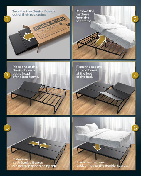 Installation steps for Rock Solid Queen Bunkie Board 10mm Slim Low Profile Mattress Support 60x80 on a bed frame.