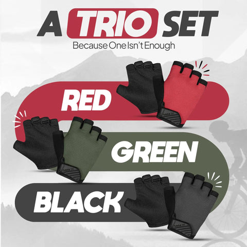 Kids Cycling Gloves With Non Slip Palm Grip Trio Set in Red, Green, Black Half Finger Design for Boys And Girls Anti Slip Bike Gloves For MTB