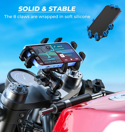 Motorcycle Fork Stem Phone Mount With Vibration Dampener And Anti Shake For A Rock Solid Grip installed on motorcycle handlebar