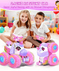 Children playing with Unicorn RC Car For Girls 360 Degree Spin 4WD 2.4GHz Remote Control Toy with lights and music indoors.