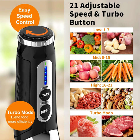 The Badass 21-Speed Handheld Immersion Blender With 3-Angle Adjustable Shaft And Comfortable Grip, showing speed control and food options.