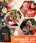 Christmas scenes with family exchanging fitness gifts, including ankle resistance bands with cuffs in black mesh bag.