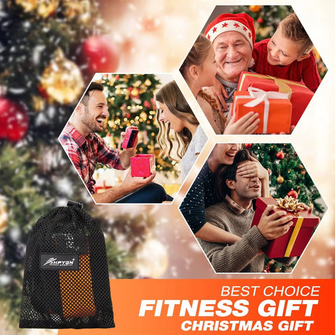 Christmas scenes with family exchanging fitness gifts, including ankle resistance bands with cuffs in black mesh bag.