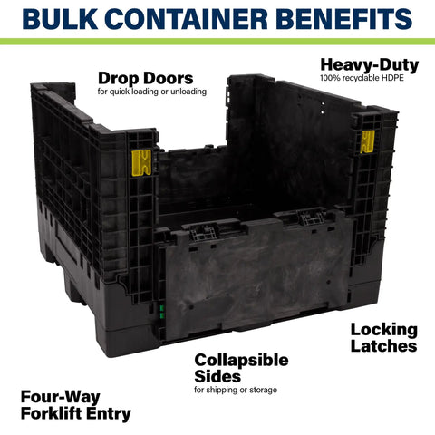 Kickass Workhorse Industrial Grade Collapsible Bulk Box With 1700 Pound Capacity And Four Way Forklift Access For Warehouse Material Handling And Retail Storage Made In Usa with drop doors and collapsible sides.