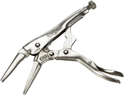 Locking Pliers Long Nose Four Inch 100mm With Wire Cutter For Precision Work Heavy Duty Heat Treated Steel Hardened Teeth 1-5/8 Inch Jaw Capacity ANSI Certified Ideal For DIY Hobbies viewed from the side showing locking mechanism and straight nose