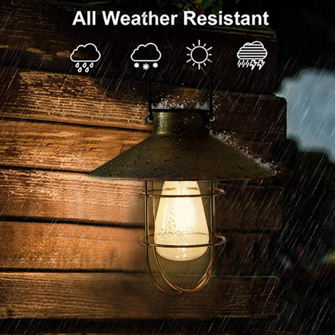 Solar Lantern Outdoor Hanging Light with warm white Edison bulb, black metal, weather-resistant, for garden, patio, and yard.
