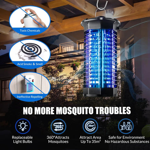 Indoor and Outdoor Bug Zapper With 1000V High-Efficiency Mosquito Killer, Replaceable Purple UVA Bulbs, on a patio