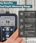 Hand holding Moisture Encounter MEX5 No-Nonsense Digital Moisture Meter displaying moisture readings on digital screen.