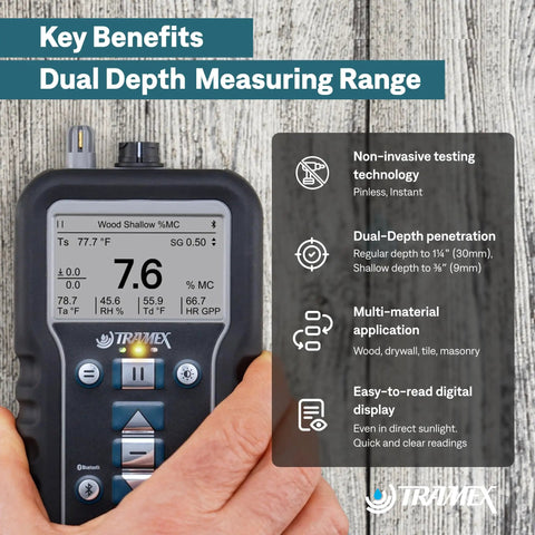 Hand holding Moisture Encounter MEX5 No-Nonsense Digital Moisture Meter displaying moisture readings on digital screen.