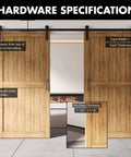 Black Rustic Non Bypass Sliding Barn Door Hardware Kit For Double Doors 7.5 Ft Flat Track With Straight Rollers shown installed