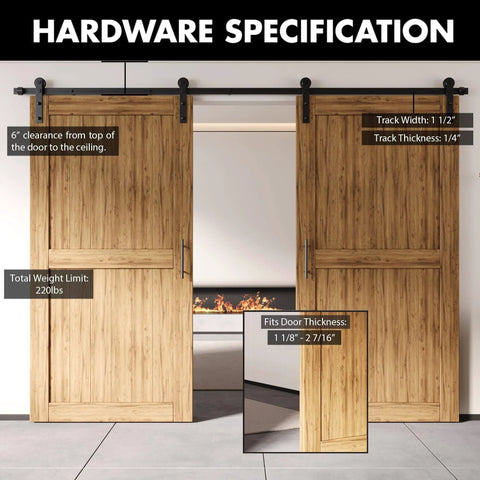 Black Rustic Non Bypass Sliding Barn Door Hardware Kit For Double Doors 7.5 Ft Flat Track With Straight Rollers shown installed