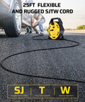 Retractable 25 Feet Extension Cord Reel With 4 Grounded Outlets And 13 Amp Breaker on pavement, SJTW cord visible