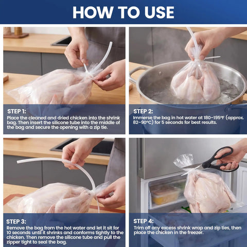 How to use Pro Grade Poultry Shrink Wrap Bags Kit with silicone straws and zip ties for vacuum sealing chicken.