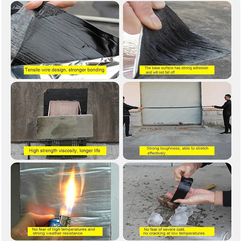 Heavy Duty Aluminum Foil Flashing Tape For Roof Repair And Shed Fixing shown in various applications demonstrating strength and waterproof sealing.