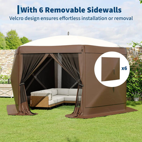 Hexagonal Pop Up Canopy Tent 13 By 13 Feet Six Sided Outdoor Shelter With One Push Setup Removable Canopy Top And Wind Cloths Ideal For Camping Backyard Parties And Events Beige And Khaki with removable wind cloths