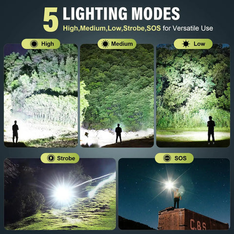 5 lighting modes of 4 Pack Rechargeable LED Flashlights With 990,000 Lumens Ultra Bright Go To Light, Waterproof Build, Adjustable Beam
