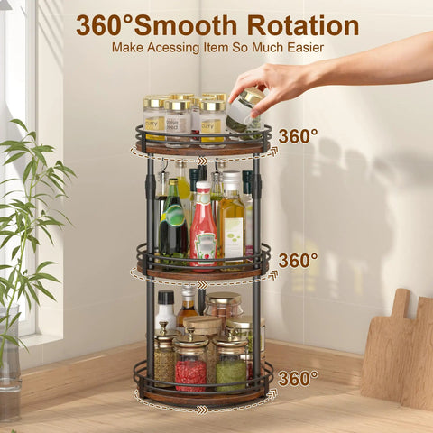 3 Tier Rotating Lazy Susan Spice Rack With Adjustable Height For Cabinet Pantry And Kitchen Counter Quick Glide Smooth Turn Heavy Duty Seasoning Holder, showcasing jars and bottles.