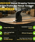 Heavy Duty Manual Steel Strapping Tensioner With Pro-Grade Ergonomic One-Hand Pusher Bar For Quick Bundling, Fits 3/8 To 1/2 Inch Steel Straps, Ideal For Warehouse And Factory Use, Durable And Easy To Use, Fast Adjustable Tension. black manual steel strapping tensioner on a workbench in a warehouse