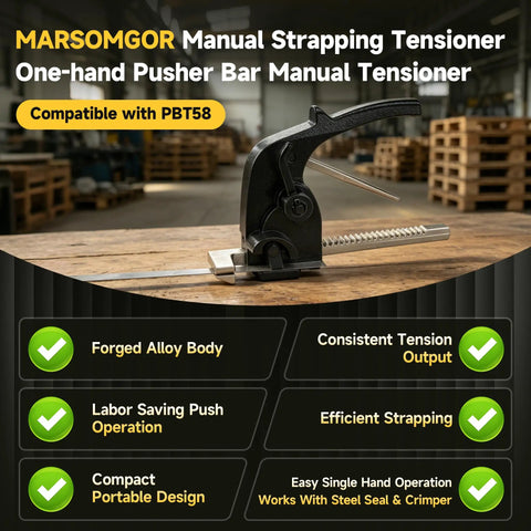 Heavy Duty Manual Steel Strapping Tensioner With Pro-Grade Ergonomic One-Hand Pusher Bar For Quick Bundling, Fits 3/8 To 1/2 Inch Steel Straps, Ideal For Warehouse And Factory Use, Durable And Easy To Use, Fast Adjustable Tension. black manual steel strapping tensioner on a workbench in a warehouse