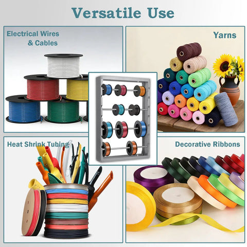 Heavy-Duty Wire Spool Rack Wall Mount with Four Adjustable 5/8 Inch Rods displaying wires, yarns, and ribbons on cold-rolled steel construction.