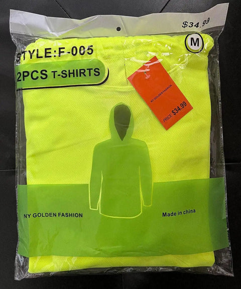 Hi Viz Hooded Long Sleeve Safety Work Shirt 2 Pack Neon Yellow in packaging showing image of hoodie and price tag, size M
