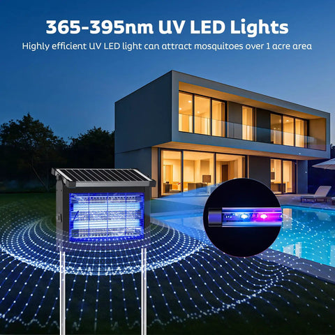 Solar Bug Zapper Outdoor Cordless Mosquito Killer Lamp With 10W Solar Panel and 4500V Shock Grid in garden setting