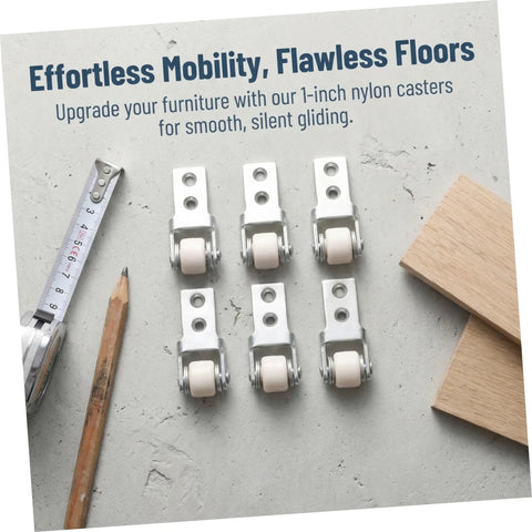 Set Of Six Premium Nylon Sliding Door Rollers With Cabinet Track Pulleys For Wardrobe Wheel Replacement Delivering No Sweat Setup Plus Hella Smooth Glide, showing 1-inch nylon rollers on gray surface.