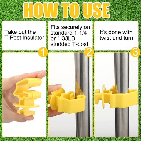 Step-by-step installation of yellow T-post insulator from 52 Piece Electric Fence Kit With 1640 Ft Poly Wire Black Fence Ring Insulators