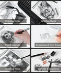 All In One 42 Piece Drawing Set For Artists And Beginners With Graphite Pencils Charcoal Pencils Blending Tools Erasers Displayed